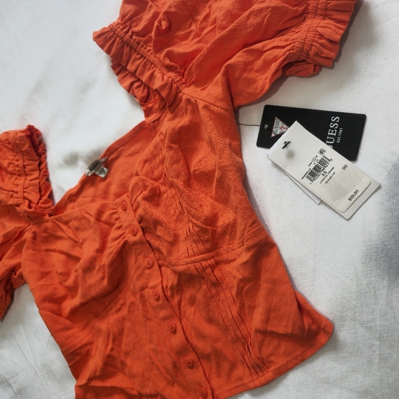 Guess Button Down Orange Puff Sleeve Sweetheart Ruffle Top New Never Wor… - Picture 3 of 9